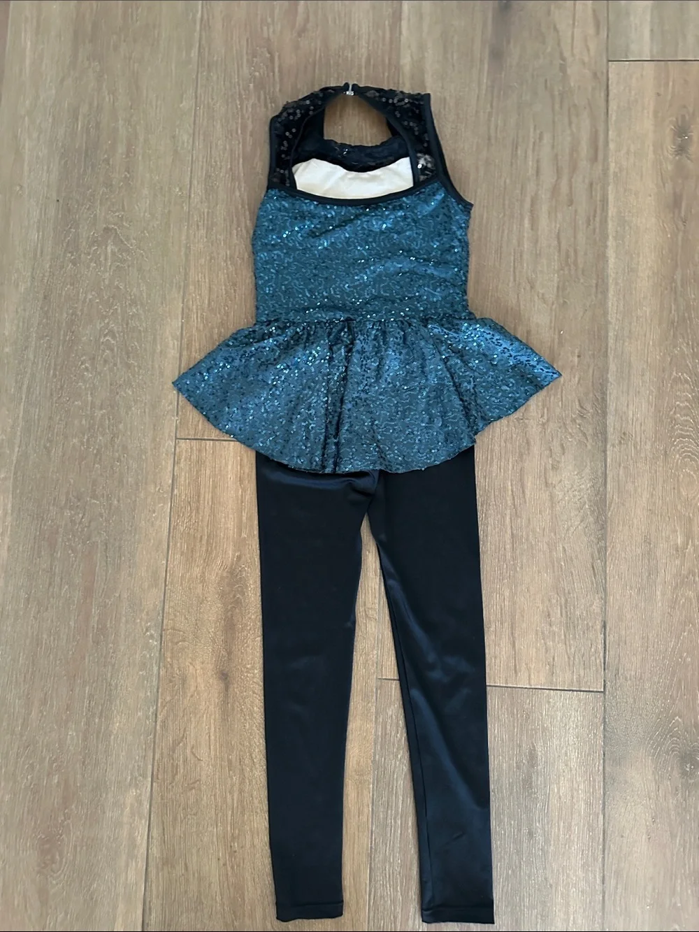Weissman girls Teal Sequin Peplum Jumpsuit with Black Leggings. Great for dance.